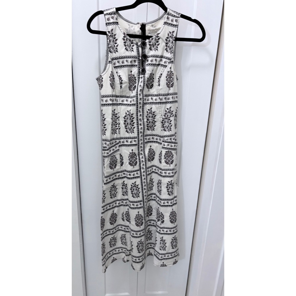 Anthropologie Block Print Floral Midi Dress Black White Pink Pockets Size 10